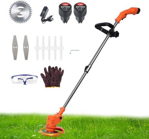 Akku Rasentrimmer mit Akku und Ladegerät, 21V Verstellbarer Rasenkantenschneider mit Messer, Teleskop-Freischneider, Schwenkbarer Kopf für Rasen Garten Beschneiden, 450W, 18000RPM (Orange)
