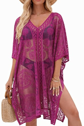 colornival Strandkleid Damen aus Spitze, Kleid für Damen, Rosenrot