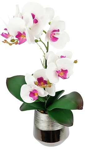 Kunstblume Phalaenopsis Orchidee mit Blätter im Übertopf 42cm Künstliche Blume Kunstorchidee Kunstpflanze Hochzeit Deko Dekoblume Seidenblume Real Touch Dekorative Exotische Blüte, Weiß-Rosa