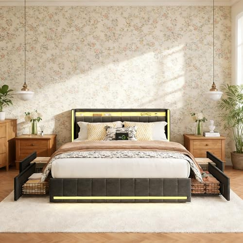 DAHUEN Bett mit Stauraum 160x200, Polsterbett Doppelbett mit 4 Schubladen und LED-Beleuchtung, Jugendbett mit USB und Type-C, Funktionsbett Bettgestell mit Lattenrost, Leinen, Grau (Grau, 160×200cm)