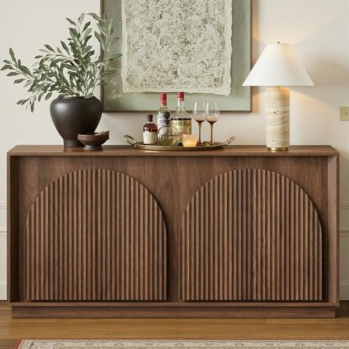 win2win Fluted Sideboard Buffet Cabinet with Storage, 65 Mid Century Modern Accent Cabinet with Double-Layered Arch Doors,Wood Media TV Console Table Credenza for Living Room Hallway Entryway,Walnut