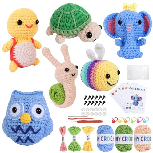 ZCOINS Mini Amigurumi Häkelset, 6 niedliche Tiere für Anfänger mit Videoanleitung(Englisch), Komplettset zum Häkeln deiner eigenen Figuren, Jugendliche und Erwachsene DIY set, als Geschenk