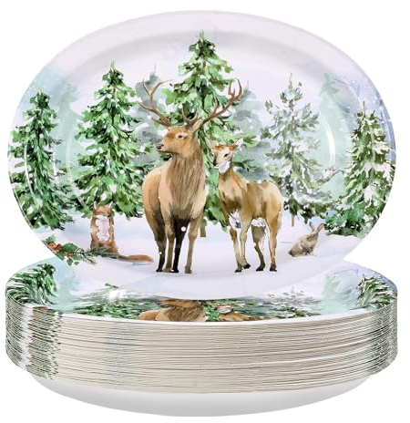 Grencian 50 PCS Christmas Oval Paper Plates 10 x 12 Large Heavy Duty Watercolor Christmas Reindeer Plates Disposable Forest Deer Platter Tableware for Xmas Winter Holiday Party Supplies