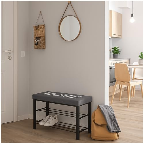 HTI living Sitzbank mit Schuhregal und Polster Metallgestell Schwarz Polster Grau Schuhbank Flurbank