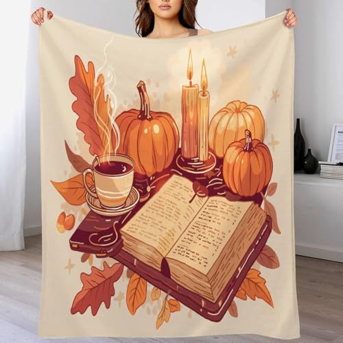 Flanell Decke für Sofa Bett, KürbisseundBücher HandgezeichneterHerbst, orangeFarbe Flauschige Kuscheldecke aus Flanell Wärmende Tagesdecke Waschbar Überwurf für Erwachsene & Kinder 130 x 150cm