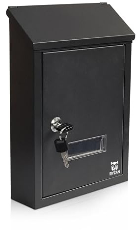 RYZAN Wall Mounted Mailbox – Large Black Steel Letterbox with Secure Key Lock, Weather-Resistant Postbox for Home or Office, Outdoor Locking Mail Holder, 30 x 21.5 x 7.5 cm