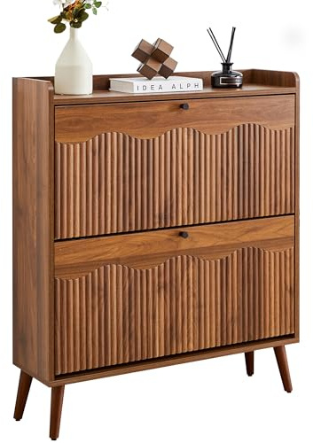 BERRYMERRY 31.5 Fluted Shoe Storage Cabinet with 2 Flip Drawers, Narrow Shoe Storage Organizer Rack with Wave Door for Entryway, Hallway, Living Room