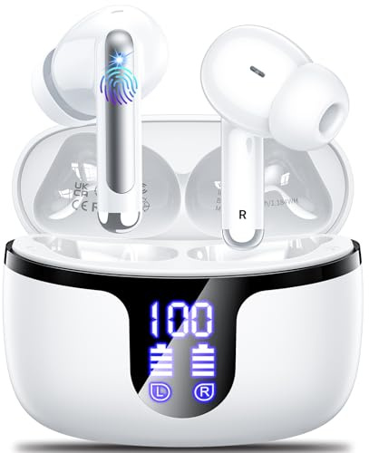 Ecouteurs Bluetooth sans Fil 5.4,Monyhigh Écouteur sans Fil IP7 Etanche LED Écran 48H Durée Lecture HiFi Stéréo avec 4 ENC Réduction Antibruit Mic Casque Bluetooth pour iOS Android,Blanc Sport/Travail