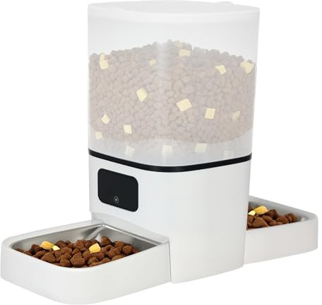 Skylos 6L Dual-Band WiFi Automatic Cat Feeder, 2.4G/5G Smart Pet Feeder with App Control for 2 Cats, Timer & Dual Stainless Steel Bowls, Large Capacity Food Dispenser with Battery Backup, Easy Clean