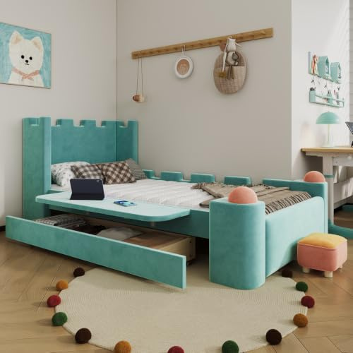 Cama acolchada infantil 90x200 cm con cajón, estante lateral y taburete
