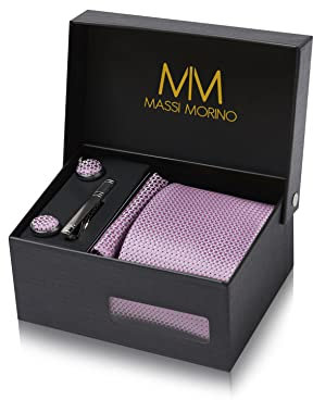 Massi Morino Cravatta Porpora e fazzoletto da uomo con camicia gemelli, parure fermacravatta set | Accessori sposa | Cravatte Elegante Confezione Regalo