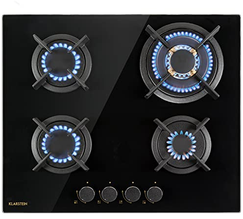 Klarstein Cocina de Gas Butano, Placa de Gas 4 Fuegos 8000W, Placa Vitroceramica Integrada para Cocina, Butano de Diseño, Encimera de Fogones con Base de vidrio y Acero Inoxidable
