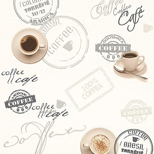 Papier Peint Motif Café & Cuisine - Blanc & Crème - Vinyle 94308-1