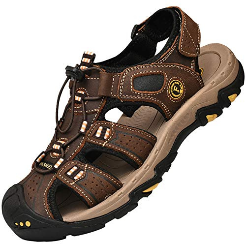 Lvptsh Men's Sports Outdoor Sandals Closed Toe Summer Beach Shoes Leather Casual Trekking Hiking Outdoor Sandals