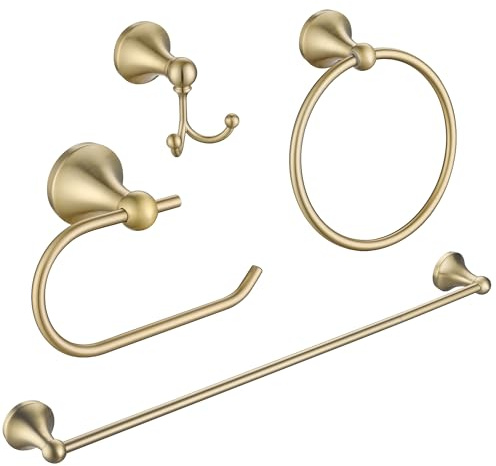 FROPO Set di 4 Accessori per il Bagno in Oro Spazzolato, Appendi Asciugamani, Barra per Asciugamani da 23,6 cm, Gancio per Asciugamani, Porta Carta Igienica