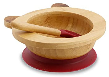 BIOZOYG Set con ciotola di bambù Orso Panda I Ciotola con base a ventosa e cucchiaio - certificato FSC I Splendida scodella in legno di bambù per bambini - ciotola da pappa e muesli rotonda rossa