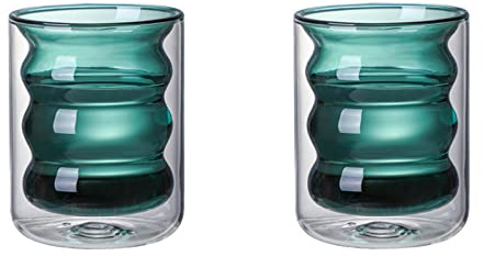 MISNODE 2 PCS Espresso Glass Cups, 8 Oz Double Wall Glass Coffee Mug, Insulated Clear Whiskey Glass Drinking Glass Cocktails Latte Cup Juice Cup, Green