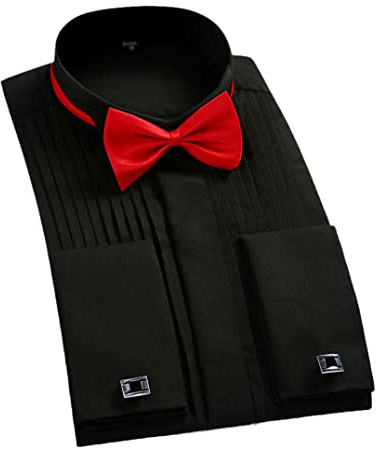 Camicia da smoking con colletto a punta ad ala manica lunga da uomo con polsino francese con bottoni da sposa camicie bianche e nere plissettate con papillon, Nero , L