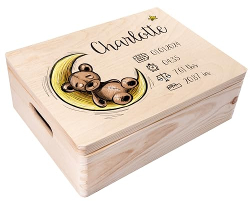 Creative Deco Erinnerungsbox Baby Personalisiert mit Namen 40 x 30 x 14 cm | Individuelle Erinnerungskiste Geschenk zur Geburt für Mädchen und Jungen | Holzkiste mit Deckel | Farbdruck
