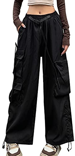 Hewlshawn cargobyxor för kvinnor hög midja säckig breda ben streetwear byxor, svart, M