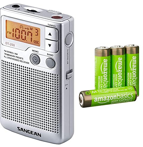 Sangean DT-250 - Radio, Plateado & Amazon Basics - Pilas AA Recargables de Alta Capacidad, precargadas, Paquete de 4 (el Aspecto Puede Variar)
