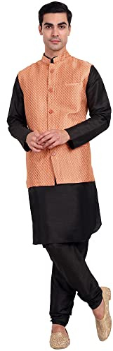 SKAVIJ Dupion seta Kurta pigiama da uomo con giacca Nehru (gilet) set indiano tradizionale abito etnico da sposa, Arancione, XL