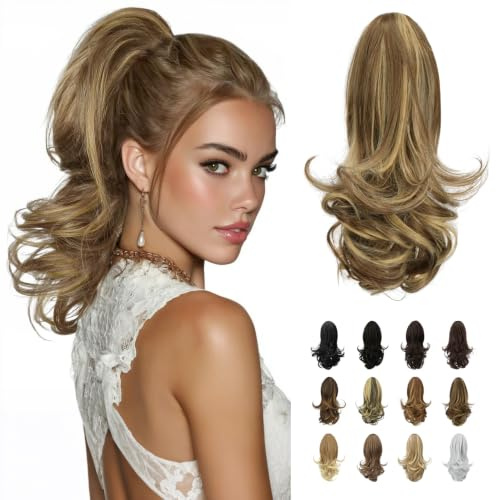 Sofeiyan 33cm Pferdeschwanzverlängerung Langer lockiger Pferdeschwanz Clip in Klaue Haarverlängerung Natürlich aussehendes synthetisches Haarteil für Frauen, Bleachblonde Hervorgehobene Aschebraun