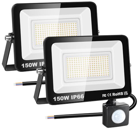 RIGIDON 2x 150W 15000LM Aussenleuchte Bewegungsmelder Led Strahler, Außen Led Lampe, 3000K Warmweiß Led Flutlicht Außenleuchte, Wasserdicht Außen-Leuchte Flutlicht Für Garten Garage Carport Hauswand