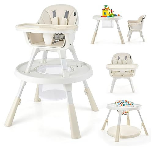 COSTWAY 6-in-1 Babyhochstuhl höhenverstellbar, Hochstuhl & Essenstuhl & Kindersitzgruppe mit Sicherheitsgurt, Doppeltablett & Aufbewahrungsbehälter, Babystuhl Aktivitätszentrum für Kleinkinder (Beige)