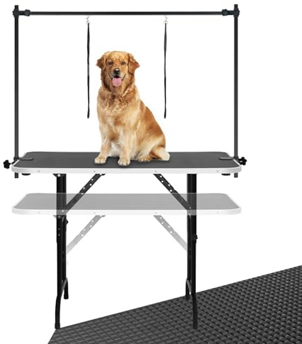 LEIBOU 45'' Height Adjustable(23''~33.8'') and Foldable Pet Dog Grooming Table Heavy Duty Iron Frame with H-Shape Grooming Arm & Noose, Maximum Capacity Up to 260lbs, Black