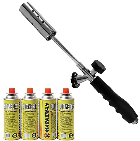 AMOS Handheld Gas Weed Burner Garden Blowtorch Wand Adjustable Flame Removes Weeds Moss Plants with 4 X Gas Cans