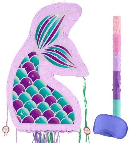 WERNNSAI Meerjungfrau Pinata – Meerjungfrau Geburtstag Pinata Mädchen Kinder Lila Faltbare Piñata mit Stock Augenbinde Kordelzug Geburtstagsparty Dekoration Mädchen Karneval Partyspiele