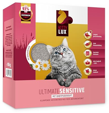 KittyLux klumpende Katzenstreu Ultimate Sensitive 3x10kg mit Babypuderduft für Sensible Katzen, Klumpstreu 100% Naturbentonit, Feste Klumpenbildung, schnelle Geruchsbindung, geringer Verbrauch
