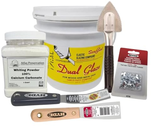 Sarco Window Glazing Set - LARGE Dual Glaze - Restore Your Historic Windows - Set Includes Sarco Window Glazing Putty, Whiting Powder, Glazing Points, Window Opener, Flexible + Stiff Putty Knife