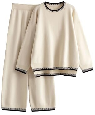 Lentta 2-teiliges Damen-Pullover-Set, Outfits, langärmelig, Strickpullover, Tops, weites Bein, Hose, Lounge-Sets, Trainingsanzüge, L