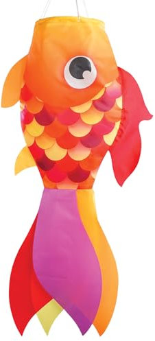 In the Breeze 5221 — 30-inch Hot Damsel Fish Windsock — Colorful Orange and Red Fishsock Hanging Garden Décor with Detailed Printed Graphics