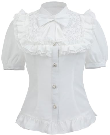 CR ROLECOS Victorian Blouse Gothic Shirt Button Puff Sleeve Top Vampire | Vintage‑style blouses available long/short sleeve designs,tailored fitted cut,for Lolita style,goth gatherings,period‑themed