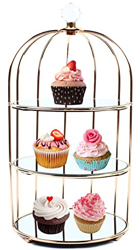 wanwanper Cake Stand, 1/2/3 Tier Bird Cage Shaped Cake Display Stand Dessert Storage Rack, Metal Cupcake Stand Dessert Display Stand for Tea Party, Wedding, Birthday, Gold (3 Layers)