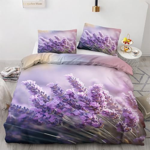 WQIZXCW Lavendel Bettwäsche 135x200 - Lila Blumen Motiv, Weiche und Angenehme Microfaser Bettbezug Set 2 Teilig, 1 Kissenbezug 80x80, mit Reißverschluss, Wendebettwäsche & Zimmer Deko