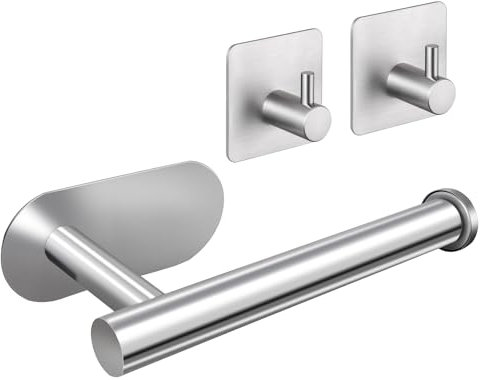 304 Edelstahl Klopapierhalter Silber Set – Selbstklebend Toilettenpapierrollenhalter mit 2 selbstklebenden Haken -Toilettenpapierhalter Ohne Bohren für Badezimmer und Küche