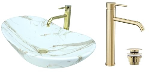 GTM Design Aufsatzwaschbecken Set mit Waschtischbatterie und Stopfen - Aufsatzwaschbecken Oval für Badezimmer - Modern Waschbecken ohne Hahnloch - Waschbecken mit Armature - Modell 9