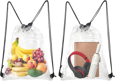 DELAESI 2 Piezas Mochila con Cordón Transparente Impermeable Bolsa de Deporte Transparente Alta Capacidad Mochila de Cuerdas Bolsas Transparentes con Cordón para Escuelas Exteriores Gimnasios