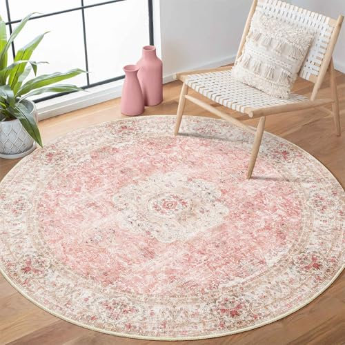 Castage Pink Round Rug 4ft, Circle Washable Area Rugs for Bedroom Bathroom Entryway, Boho Vintage Bohemian Distressed Oriental Floral Carpet Non Slip,Blush