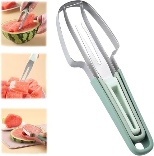 3-in-1 Wassermelonen Schneider aus Edelstahl, 2024 Neu Obstschneider aus Edelstahl, Melonen Würfel Wassermelonen Messer,Doppelkopf-Obstgabeln-Schneidemesser, Sommer Fruchtschneidegabel (1, Grün)