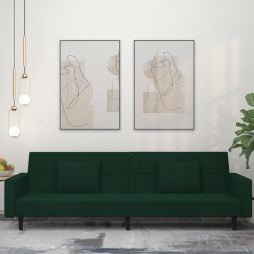 KOIECETA Schlafsofa 2-Sitzer Schlafcouch mit 2 Kissen Gästebett mit Holzrahmen Sofabett Tagesbett Couch Sofa Ausziehbar Dunkelgrün Samt