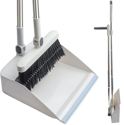 FKKFSS Long Handle Dustpan and Brush, Windproof Vertical Extension Pole, Swivelling Broom Set (white)
