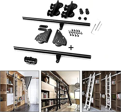 Sliding Barn Door Kit with Concealed Ladder and Casters, Complete Set of Rail / Escalator Hardware with Black Floor Roller Wheels + Track / Extension Rail Scor