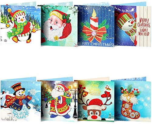 8 Stück Weihnachtskarten 5D DIY Diamant Malerei Grußkarten-Set Frohe Weihnachten Grußkarten Set Verschiedene Urlaubskarten für Urlaub Freunde Familie Xmas Thanksgiving
