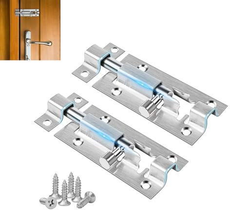 2 Pcs Door Lock Bolts, Stainless Steel Door Latch Slide Bolts Locks with Screws, Security Slide Latchs Lock, Silver Door Latch Slide Bolts Lock for Bathroom Bedroom Home Toilet Yard Garden