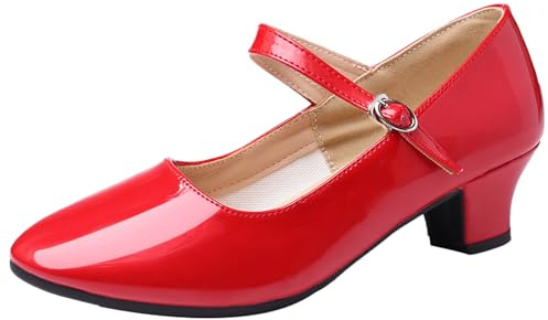 WUIWUIYU Women's Latin Ballroom Dance Shoes Pointed Toe Ankle Strap Soft Sole Mary Jane Shoes Size 5 Red